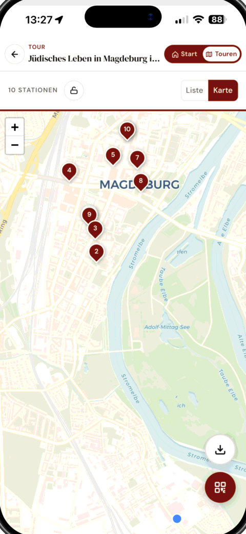 Kartenansicht der App mit den Stationen einer GPS-Tour