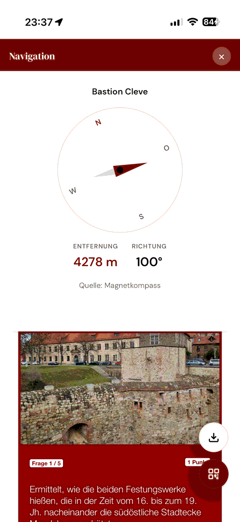 Kompass-Navigation der App zeigt den Weg zur nächsten Station