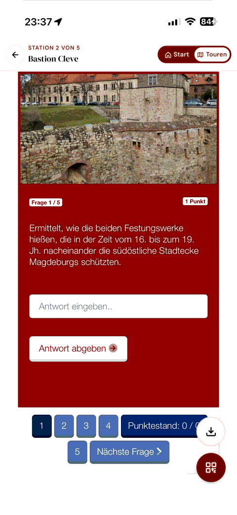 Quizfrage als interaktive Aufgabe an einer Tour-Station in der App