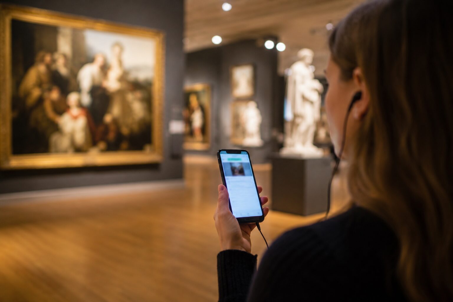 Besucher entdecken einen Ausstellungsraum mit dem Smartphone auf einer digitalen Tour